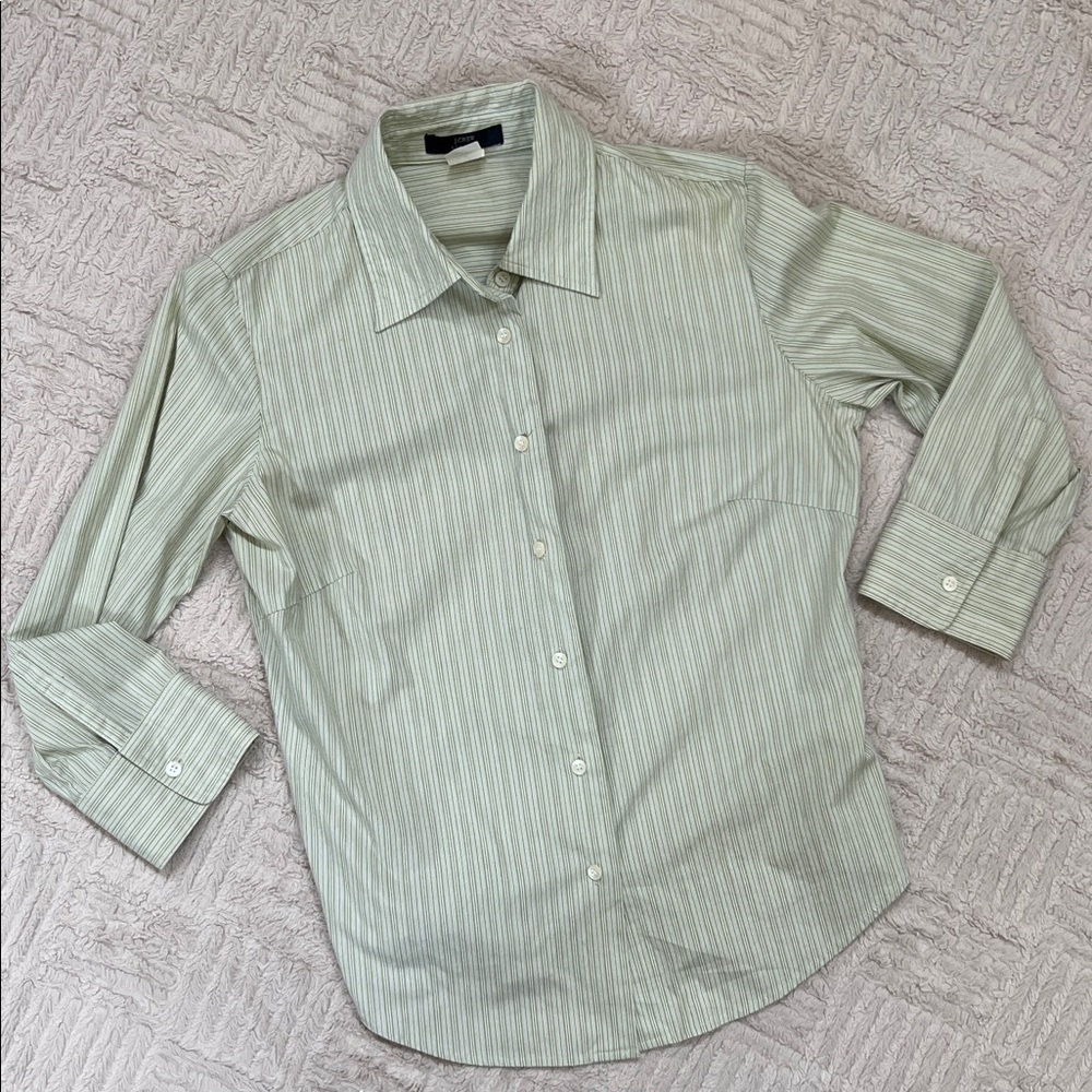 J. Crew Green Striped 3/4 sleeve button down shirt top with stretch, Size Small